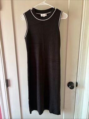 Sleeveless Black Midi Dress with White Trim